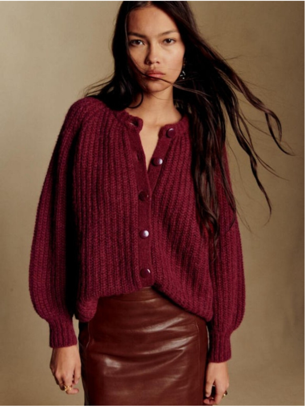 Sezane Emile Cardigan Burgundy Size XS Alpaca Blend Balloon Sleeve Chunky Knit